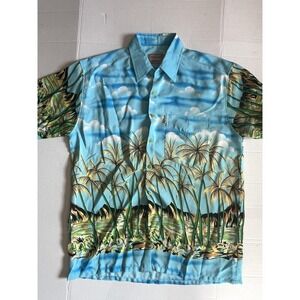 Henry Hill Shirt Mens Large Blue Hawaiian Aloha Tropical Palm Tree Button Front